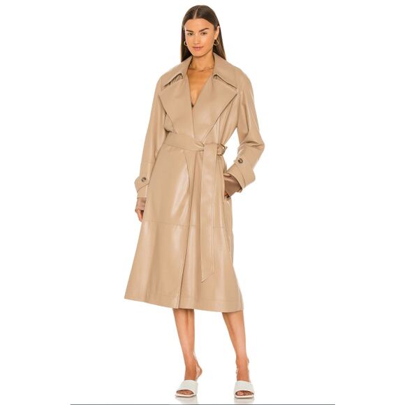 Nanushka Amal Vegan Leather Trench Coat XS Belted Notched Lapel Collar Brown - Picture 1 of 11